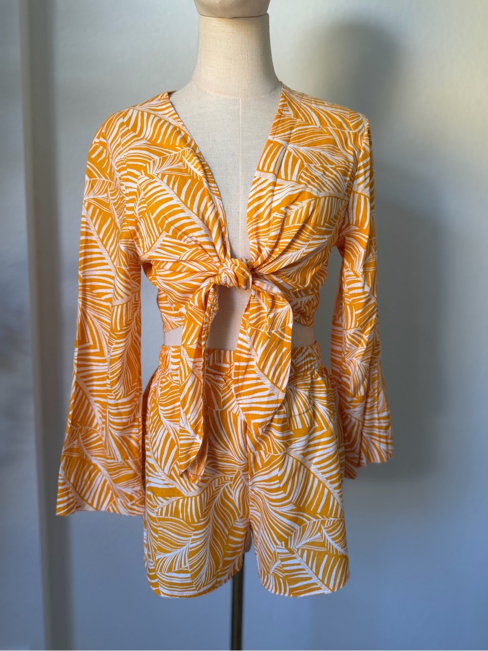 Yellow & White Palm Print Tie-Front Top and Shorts Set